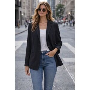 Lucky Brand Women Medium Black Cotton Single Button Blazer Jacket Staple Piece